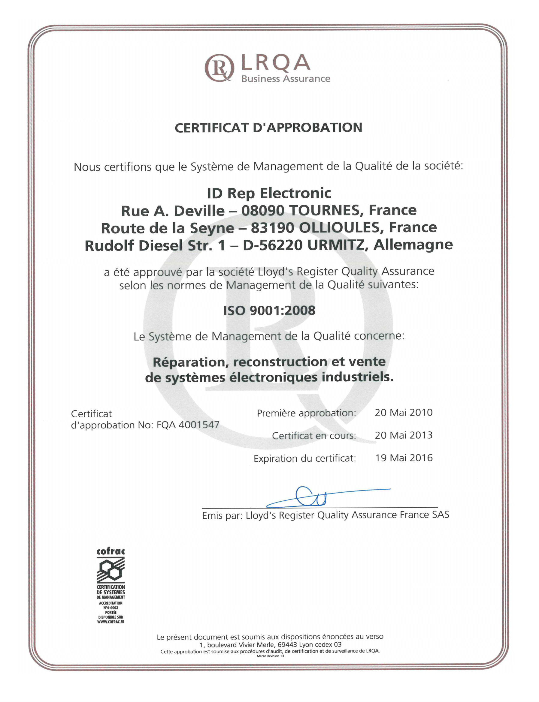 Certification ISO 9001 - 2008 ID Rep Electronic
